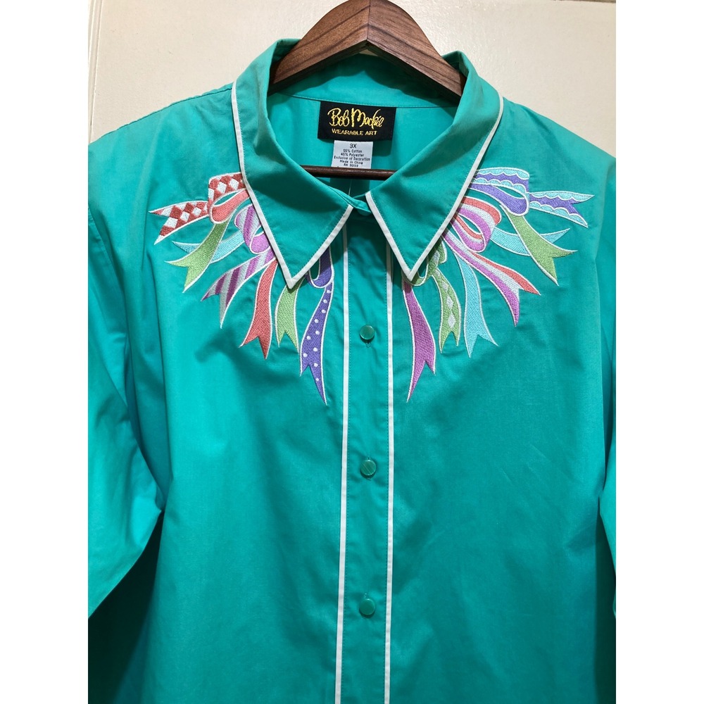 Bob Mackie Wearable Art Women's 3X Button Down Top Green Ribbon Graphic - Picture 3 of 13